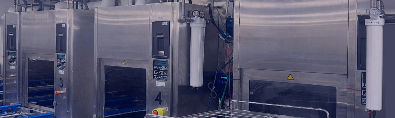 Stainless steel sterile processing washer-disinfectors in a healthcare facility, highlighting critical water contact points where ultrafiltration helps control bacteria and endotoxins in ST108-aligned environments