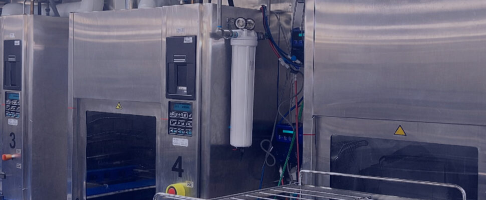 Stainless steel sterile processing washer-disinfectors in a healthcare facility, highlighting critical water contact points where ultrafiltration helps control bacteria and endotoxins in ST108-aligned environments